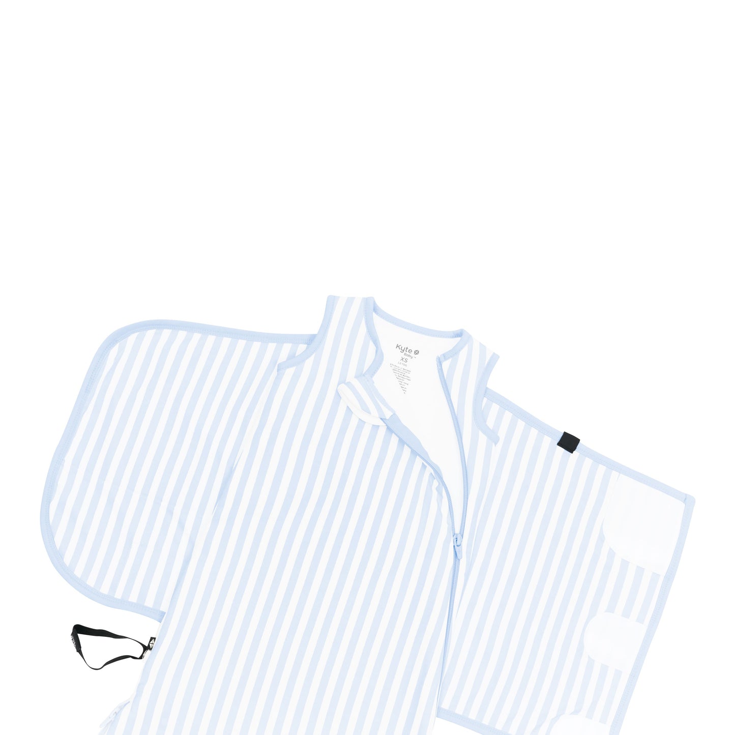 Zipper garage and top zipper undone on a Sleep Bag Swaddler in Small Mist Stripe 1.0