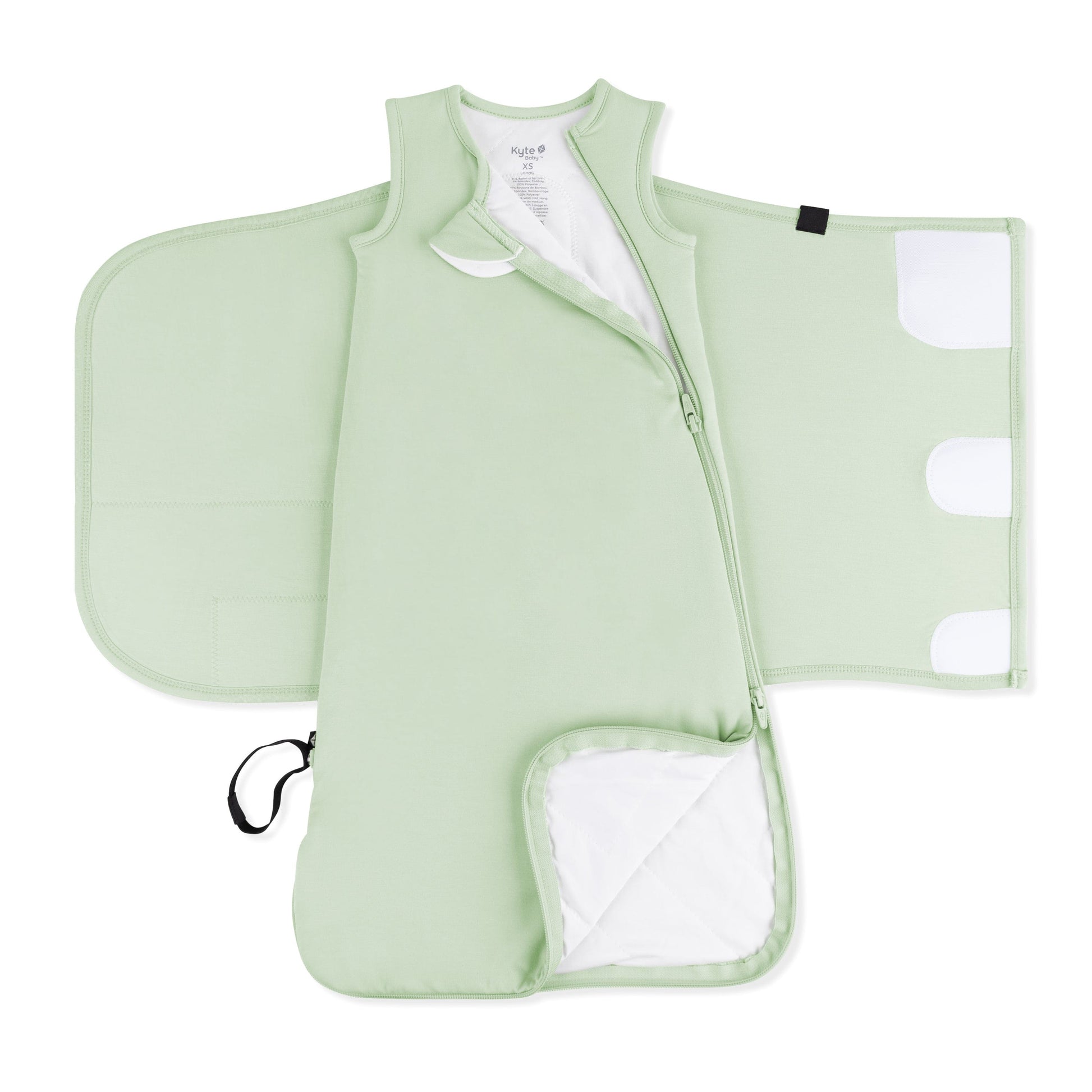 Double zipper shown on an unswaddled Sleep Bag Swaddler in Basil 1.0