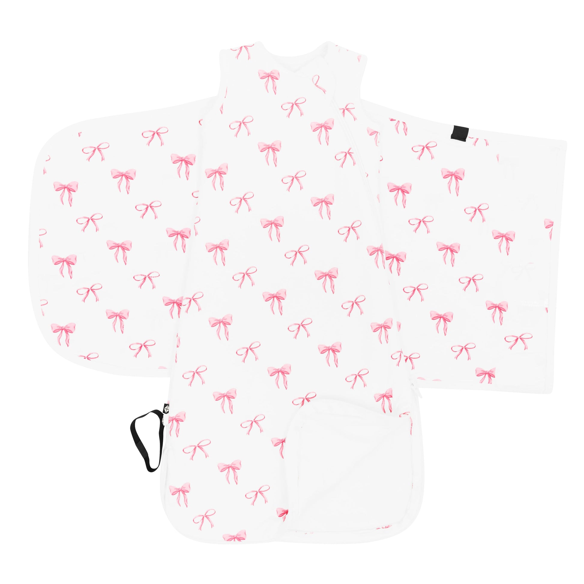 Kyte Baby's Sleep Bag Swaddler in Bow 1.0 shown unswaddled with the bottom zipper undone