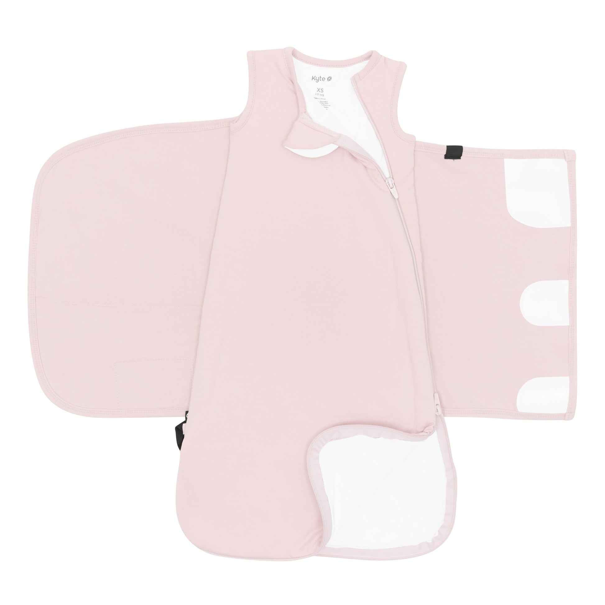 Sleep Bag Swaddler in Blush 1.0 unswaddled showing the double zipper on the top and bottom zipper track