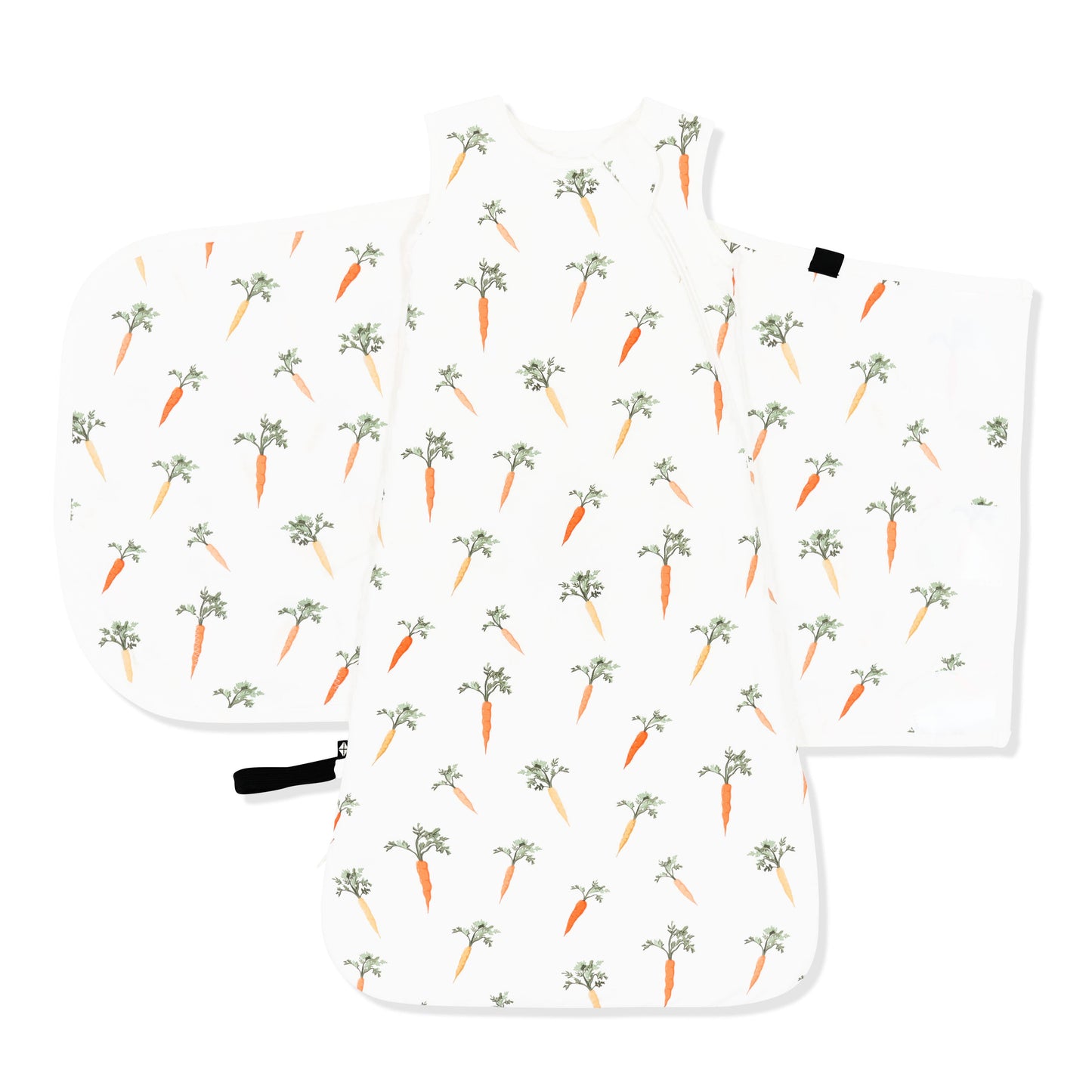 The adjustable velcro shown on an unswaddled Sleep Bag Swaddler in Carrot 1.0