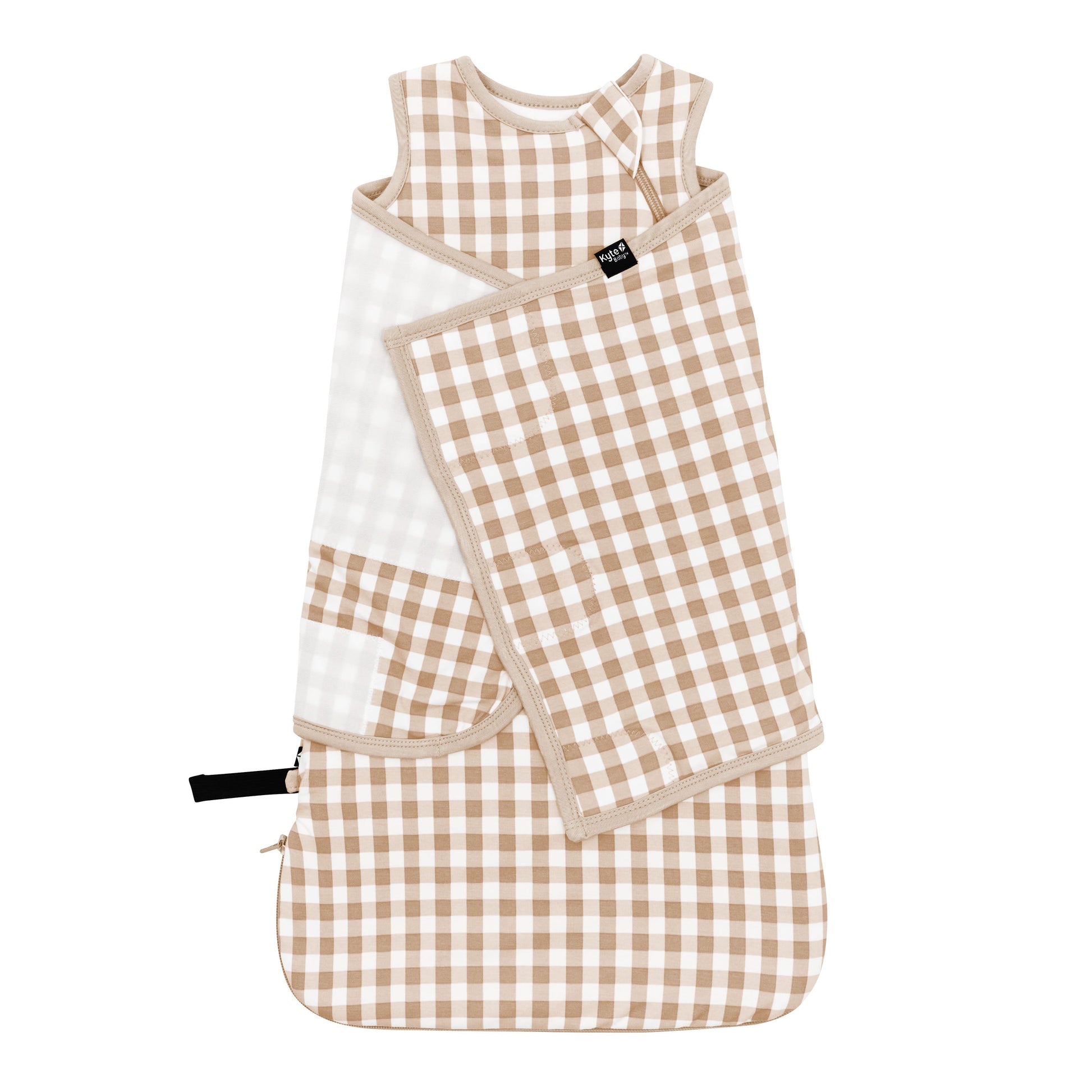 Sleep Bag Swaddler in Gingham Bisque 1.0 shown swaddled
