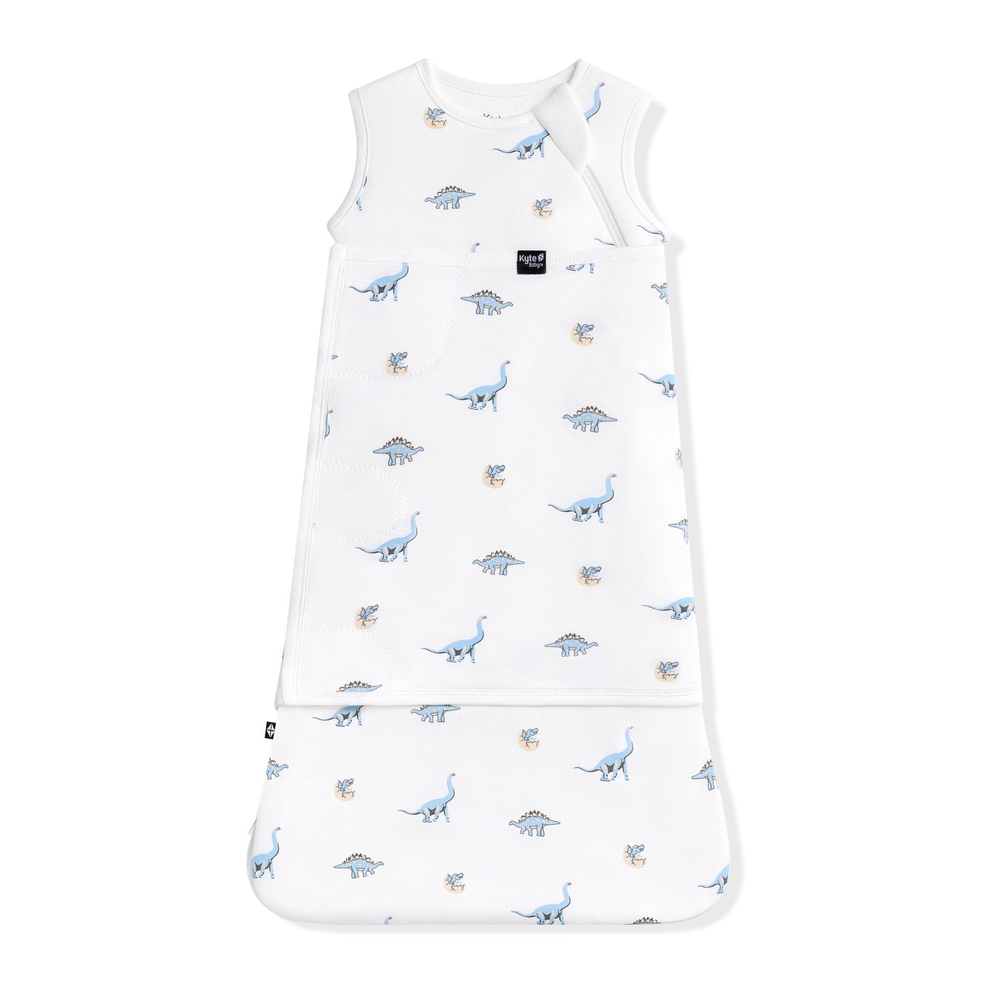 Sleep Bag Swaddler in Jurassic 1.0 shown swaddled