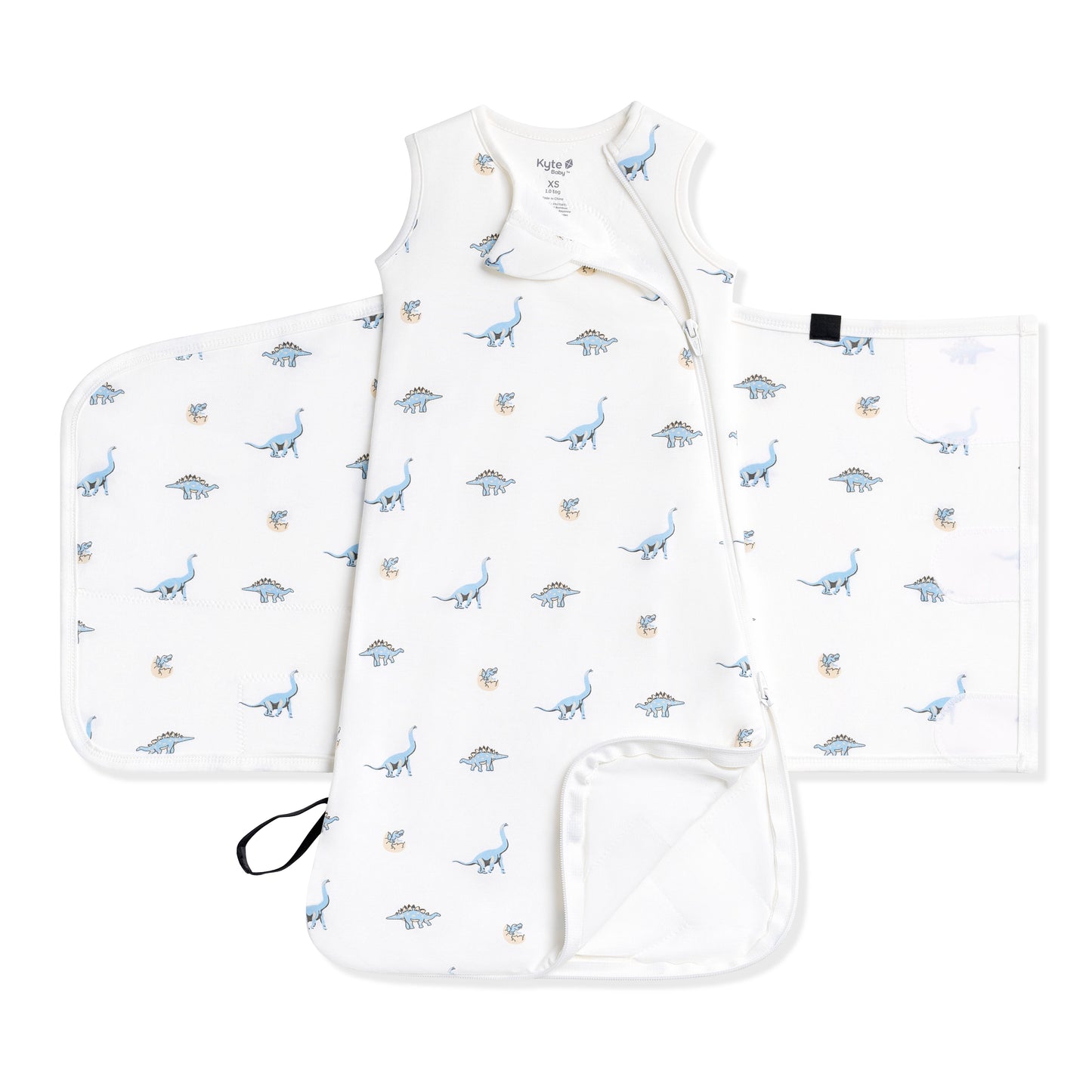 Double zipper and zipper garage shown on an unswaddled Sleep Bag Swaddler in Jurassic 1.0