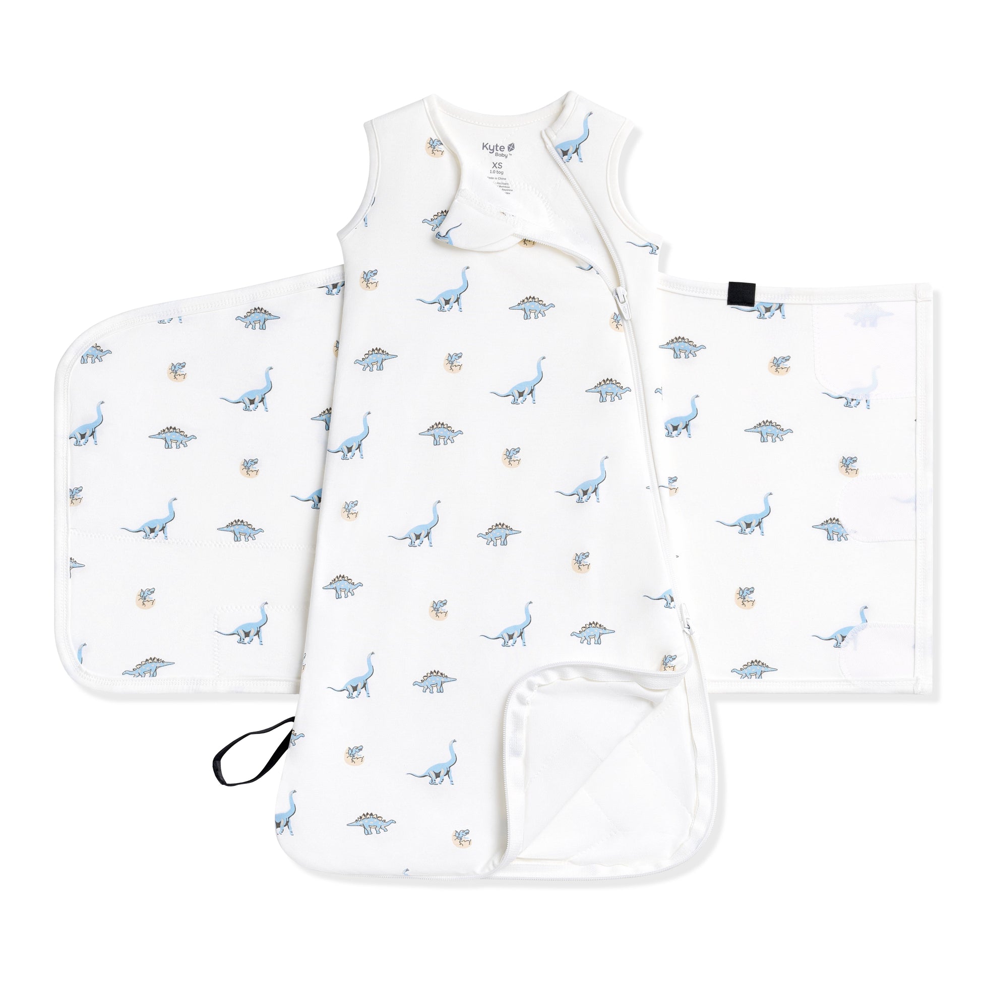 Double zipper and zipper garage shown on an unswaddled Sleep Bag Swaddler in Jurassic 1.0
