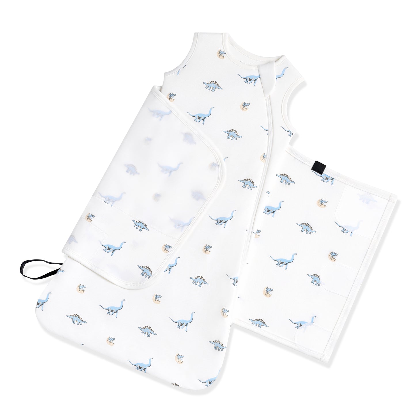 Adjustable swaddle wrap shown on a Sleep Bag Swaddler in Jurassic 1.0