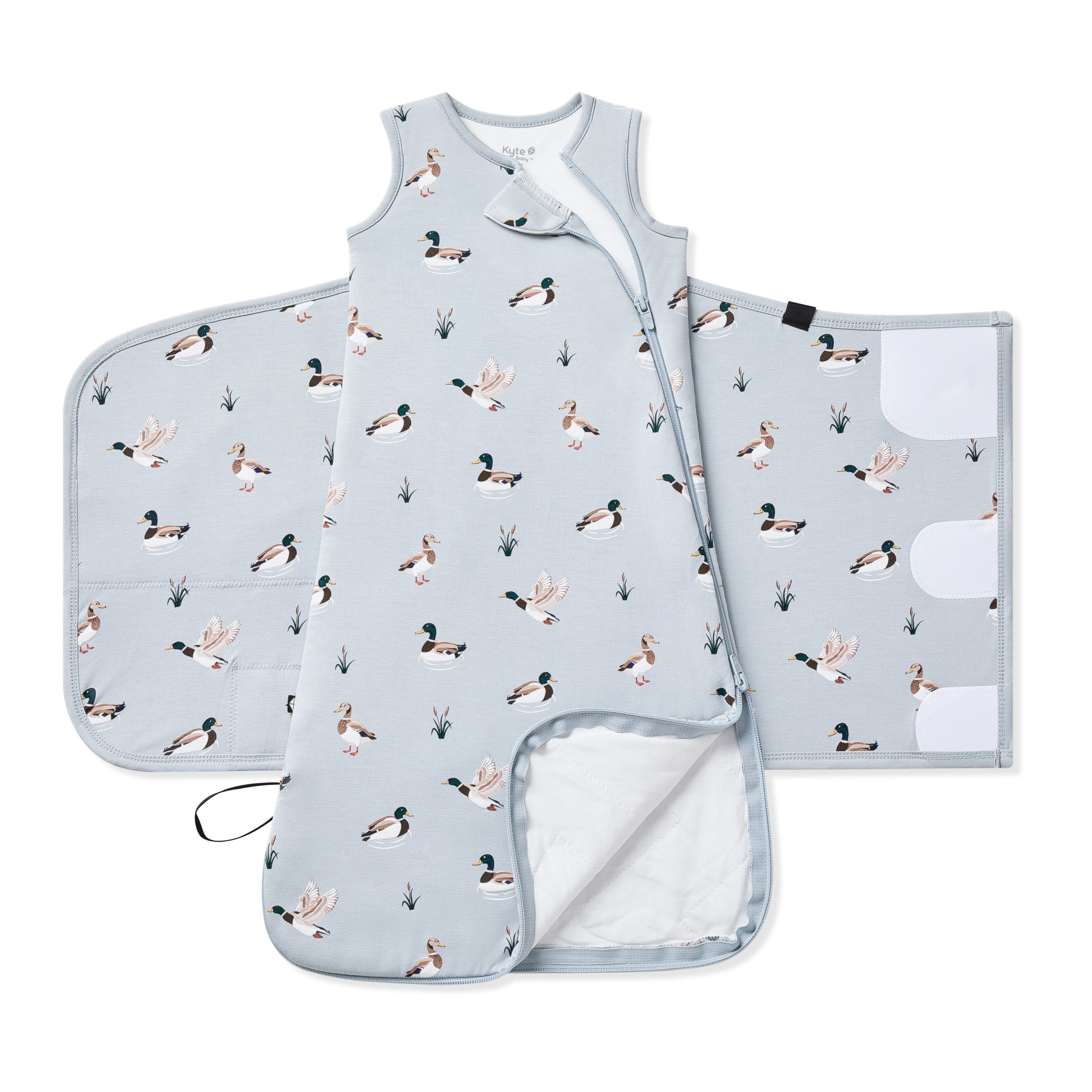 Double zipper shown on an unswaddled Sleep Bag Swaddler in Mallard Duck 1.0