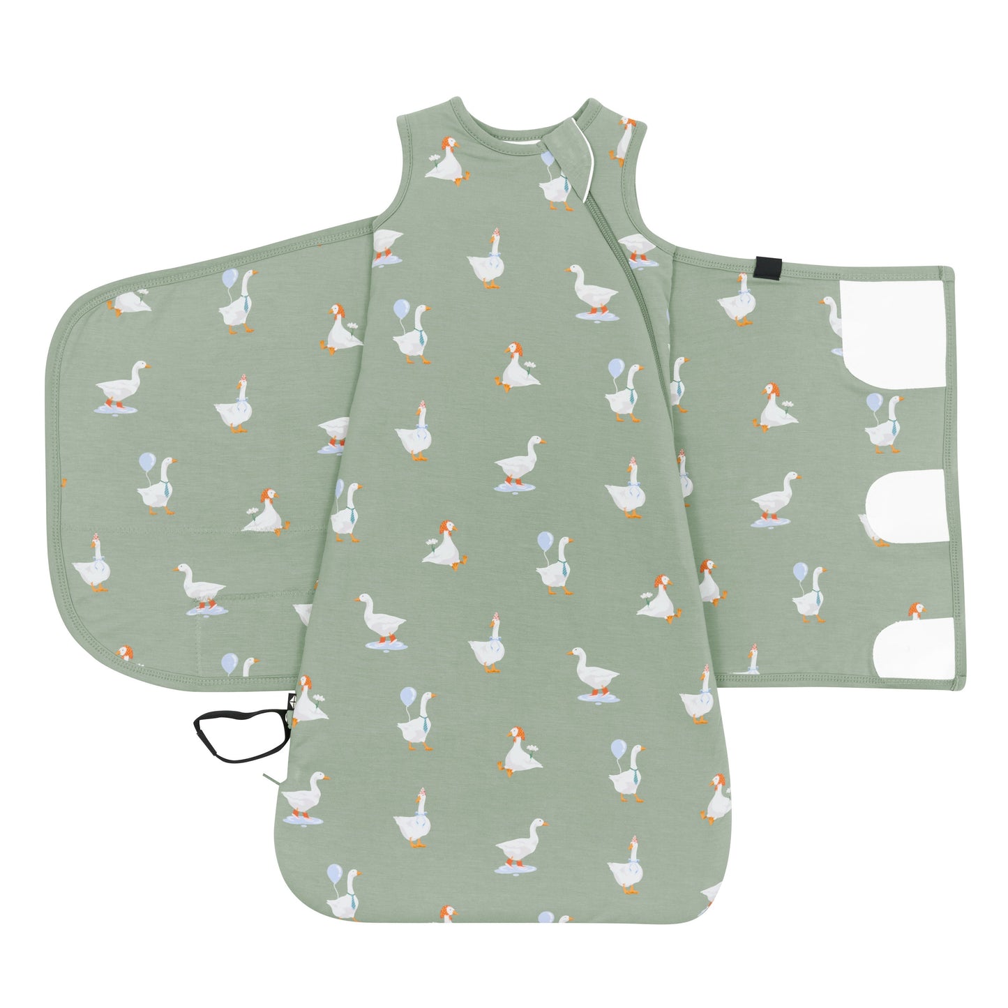 Sleep Bag Swaddler in Silly Goose 1.0 shown unswaddled with the adjustable velcro showing