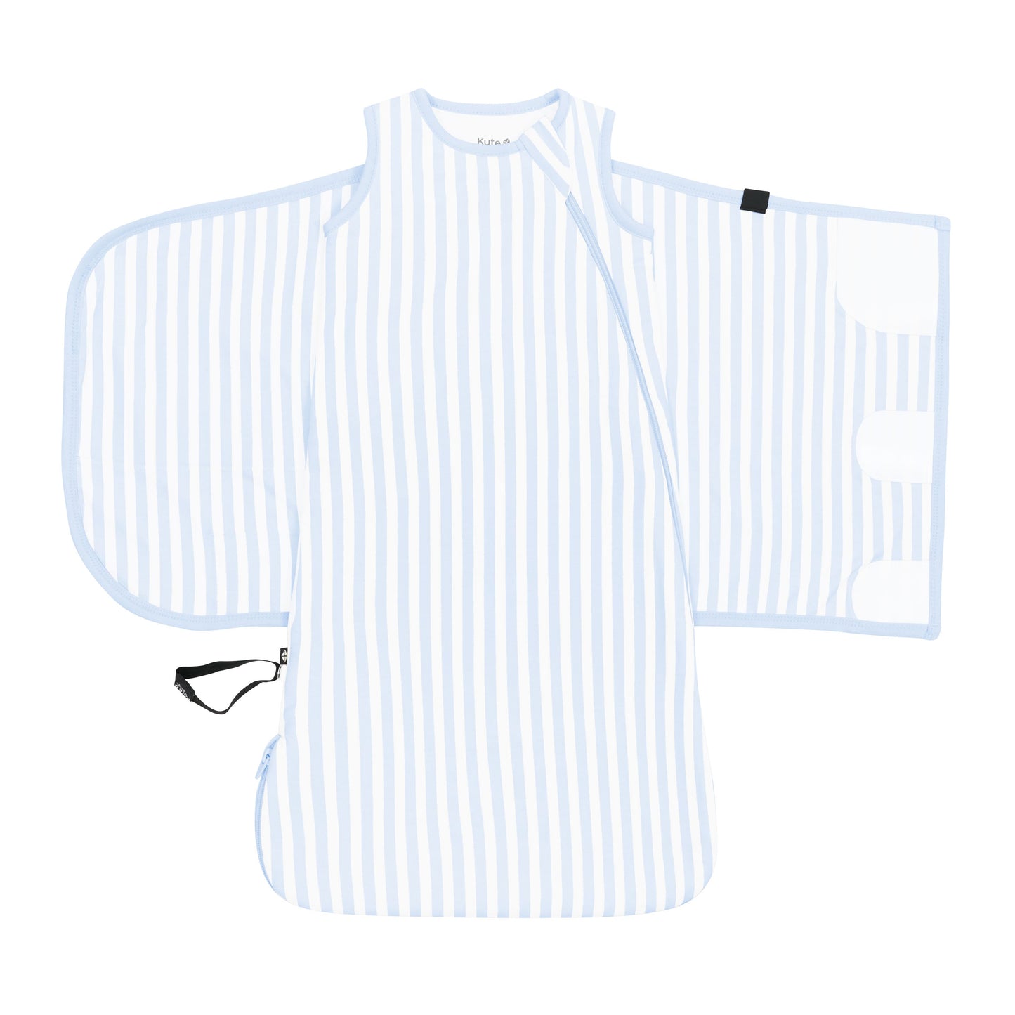 Adjustable velcro shown on an unswaddled Sleep Bag Swaddler in Small Mist Stripe 1.0 