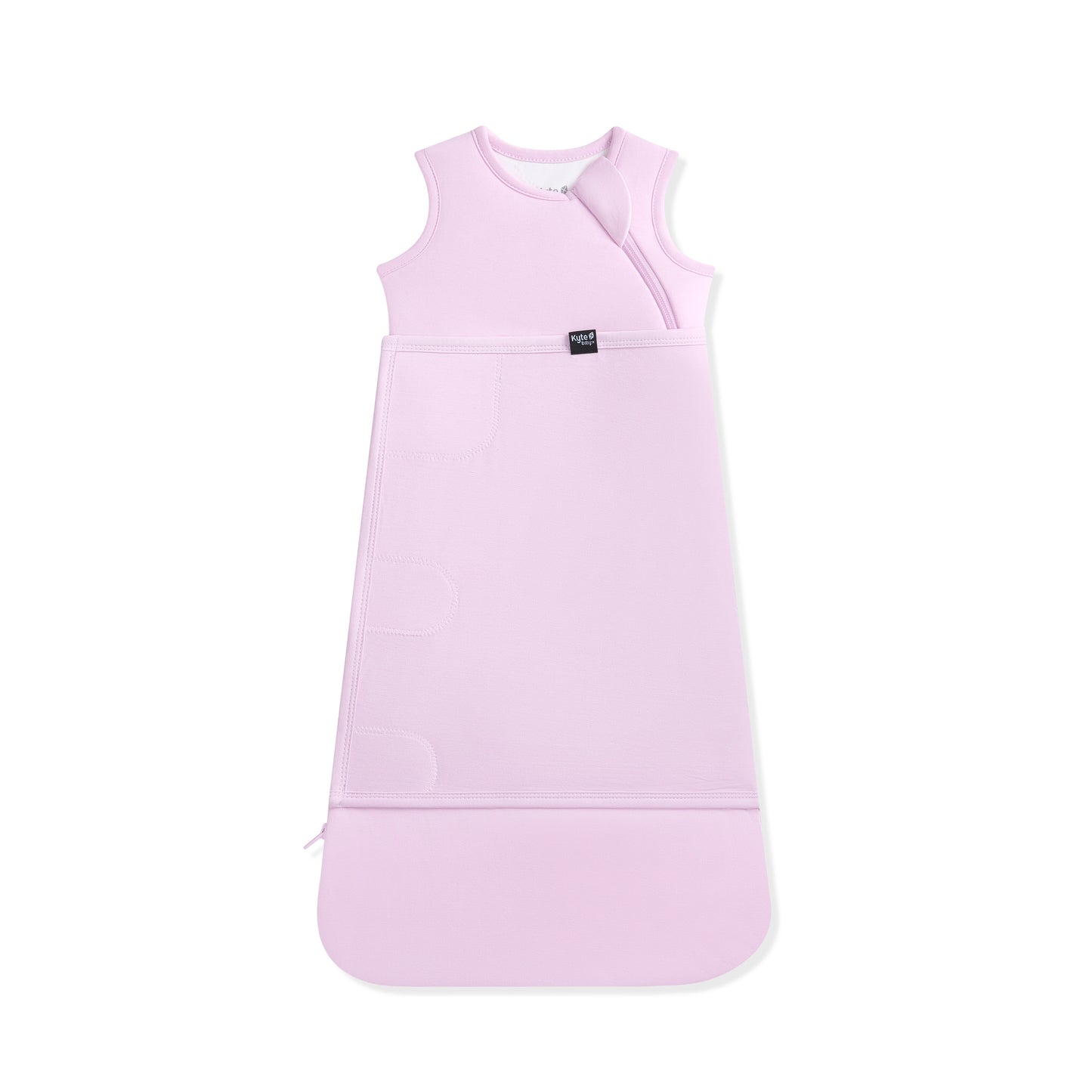 Purple sleep bag swaddler with a kyte baby logo on a white background