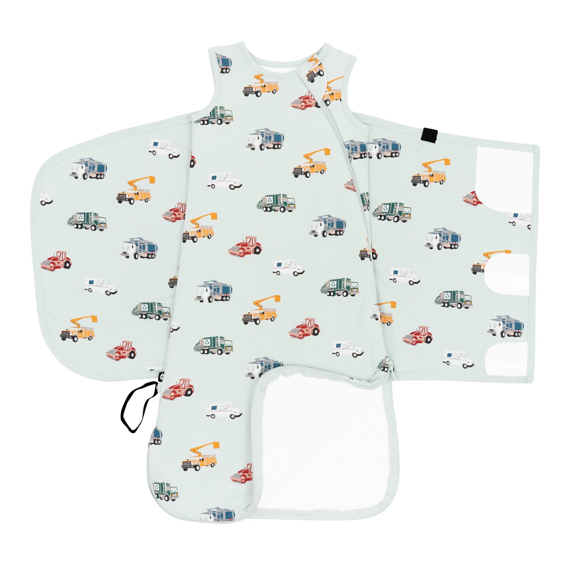 Unswaddled sleep bag showing the double zipper and adjustable velcro wrap