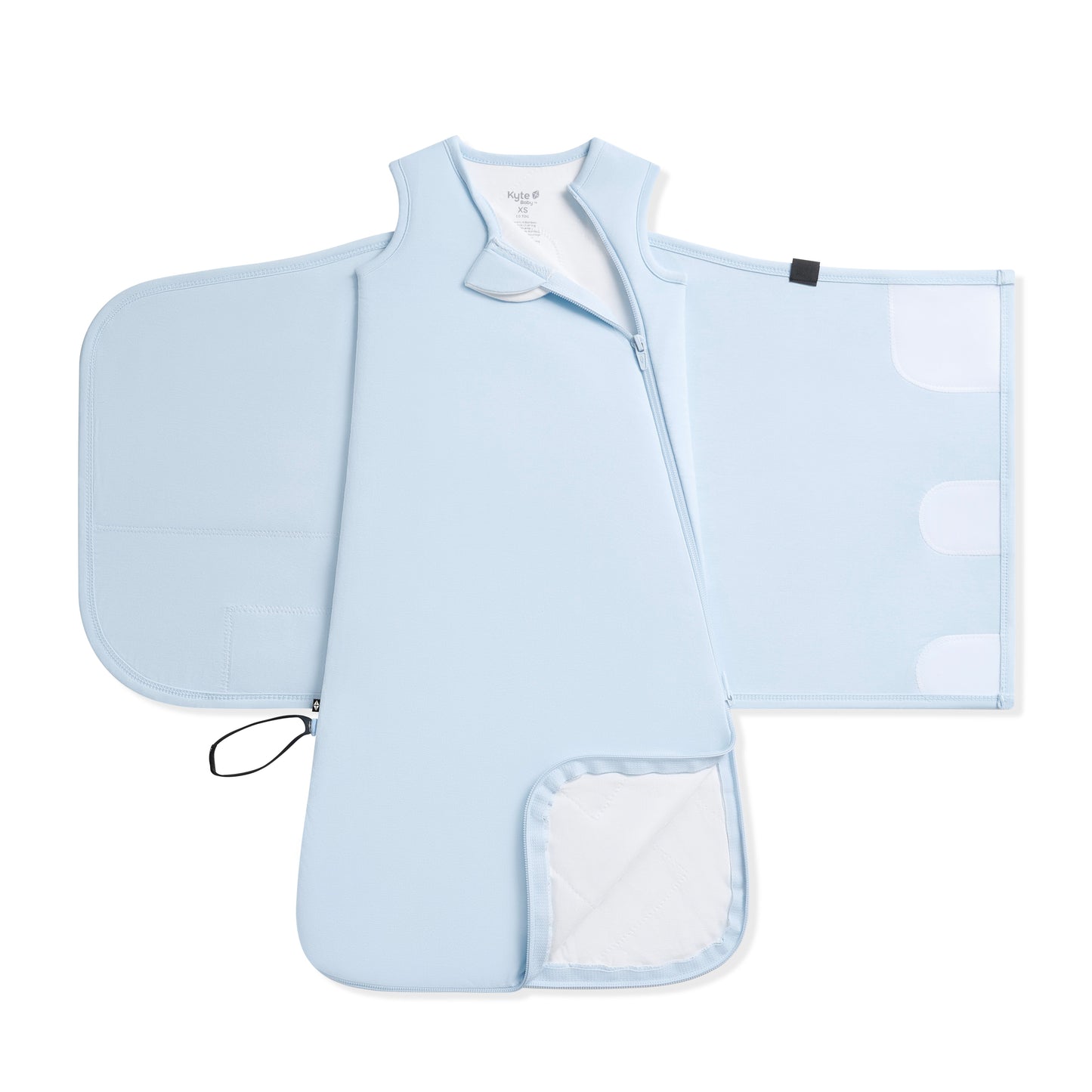 Unswaddled Sleep Bag Swaddler in Breeze 1.0 showing the double zipper function