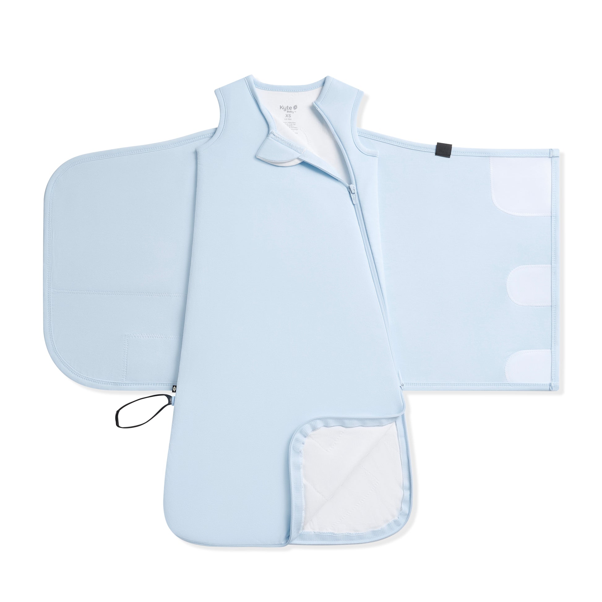 Unswaddled Sleep Bag Swaddler in Breeze 1.0 showing the double zipper function