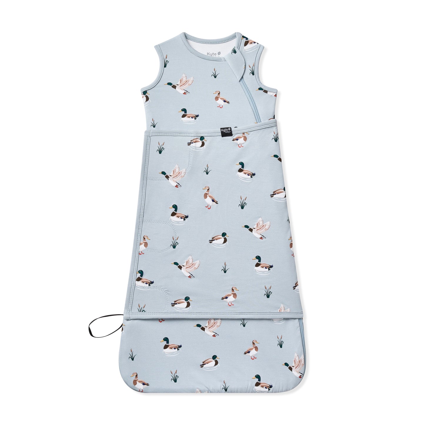 Sleep Bag Swaddler in Mallard Duck 0.5 shown swaddled on a white surface