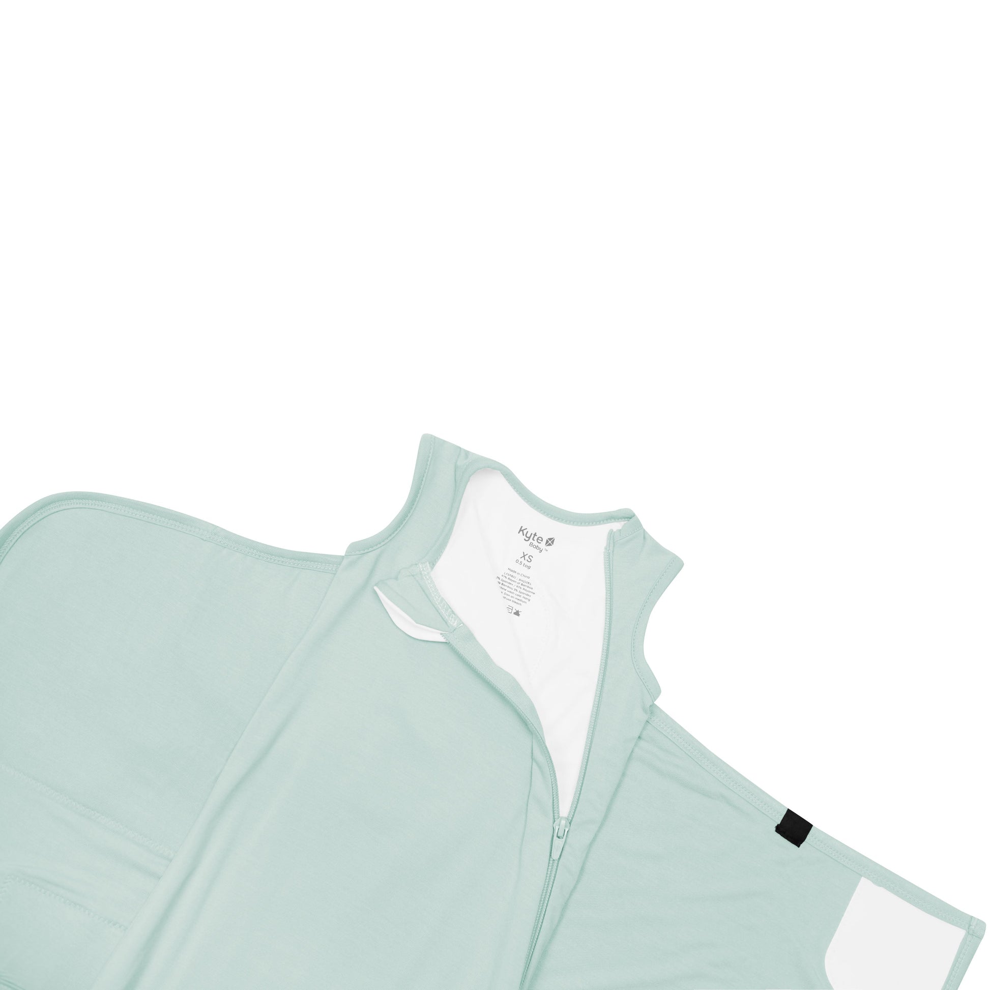 Zipper garage and top zipper on the Sleep Bag Swaddler in Sage 0.5