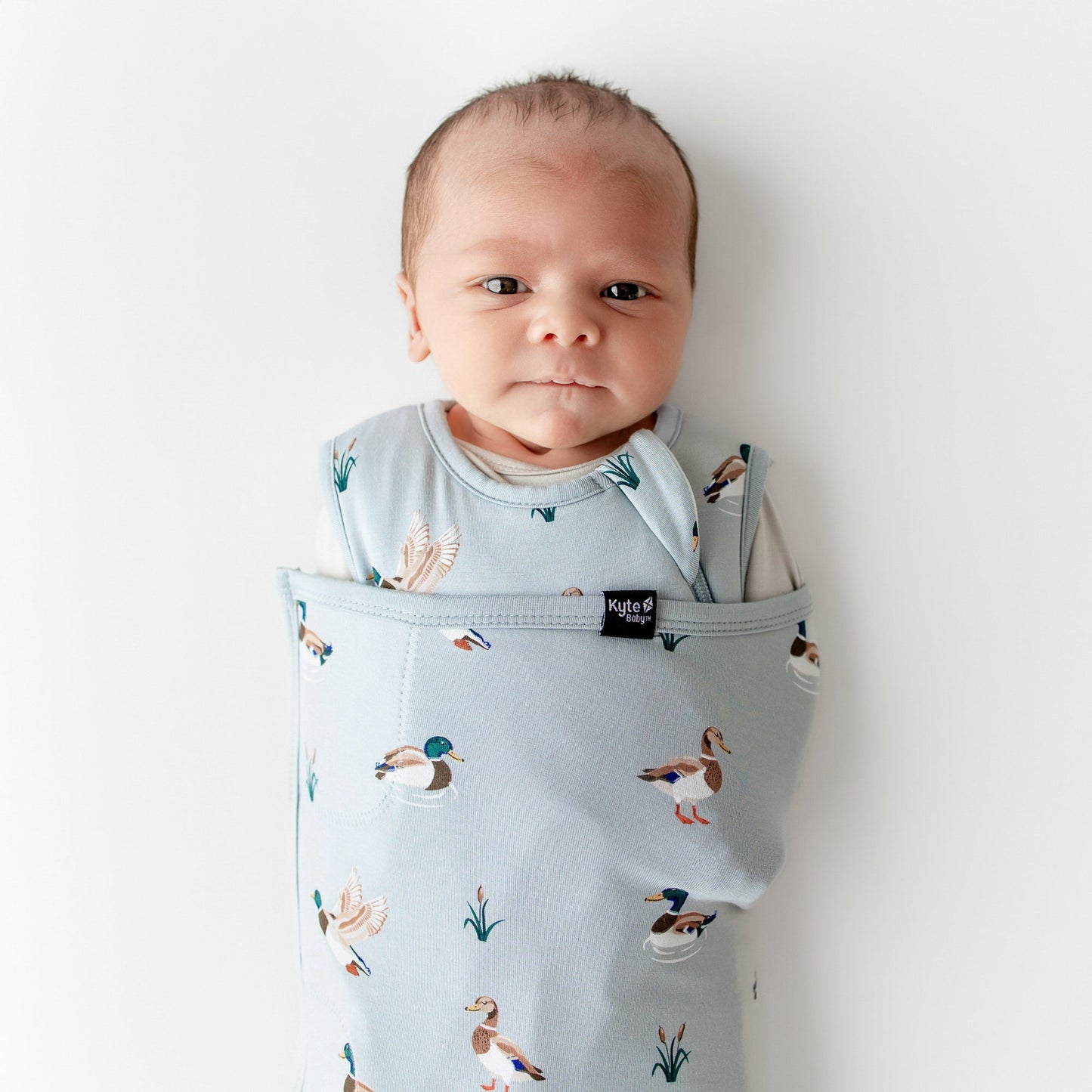 Close up of newborn swaddled in the Sleep Bag Swaddler in Mallard Duck 