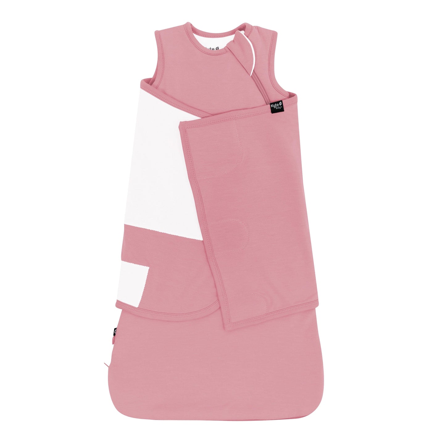 Kyte Baby bamboo Sleep Bag Swaddler in Apple Blossom with removable band shown swaddled