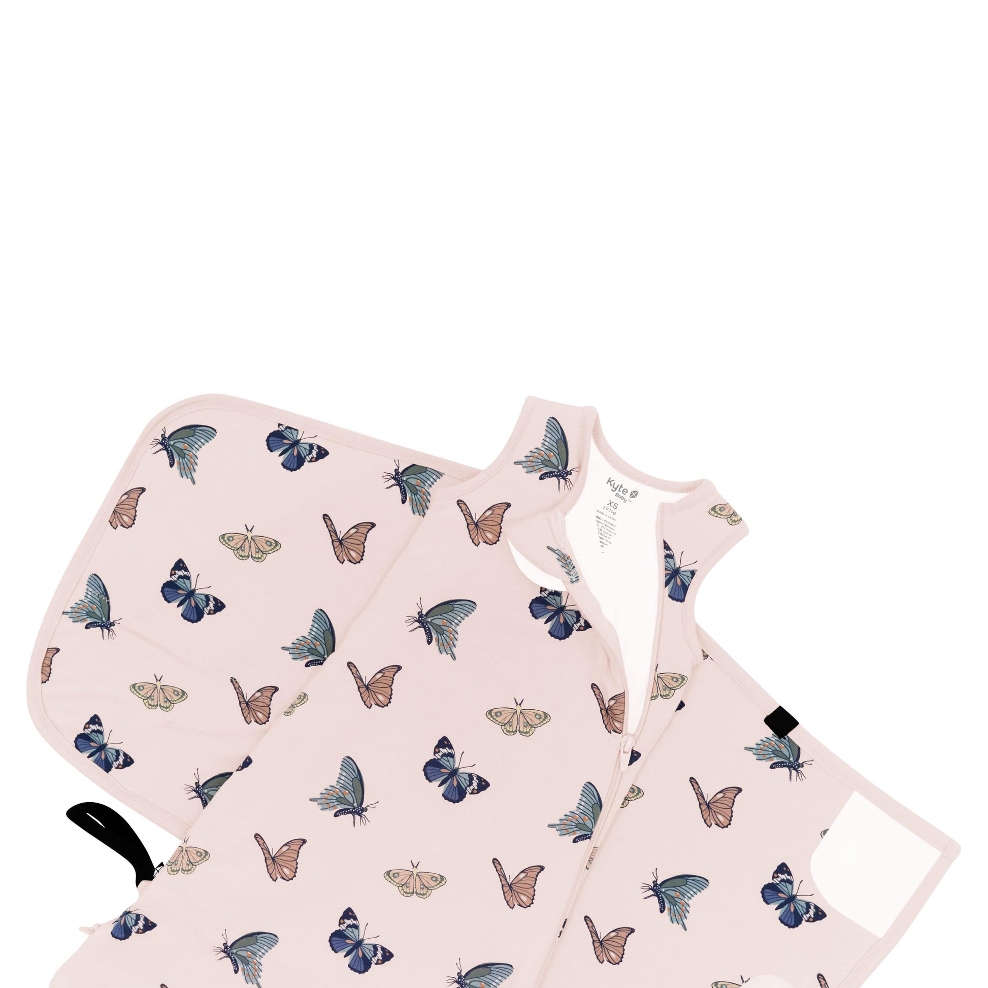 Sleep Bag Swaddler in Blush Butterfly 1.0 shown unswaddled and top zipper unzipped