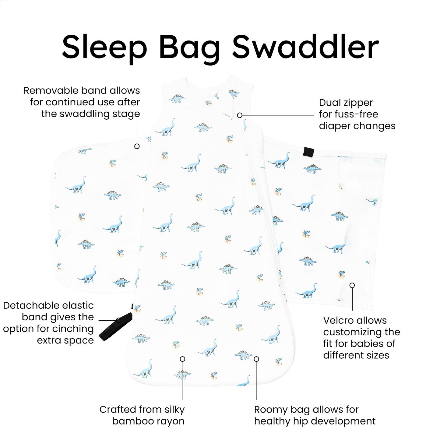 Kyte Baby Sleep Bag Swaddler in Jurassic dino print with benefits listed
