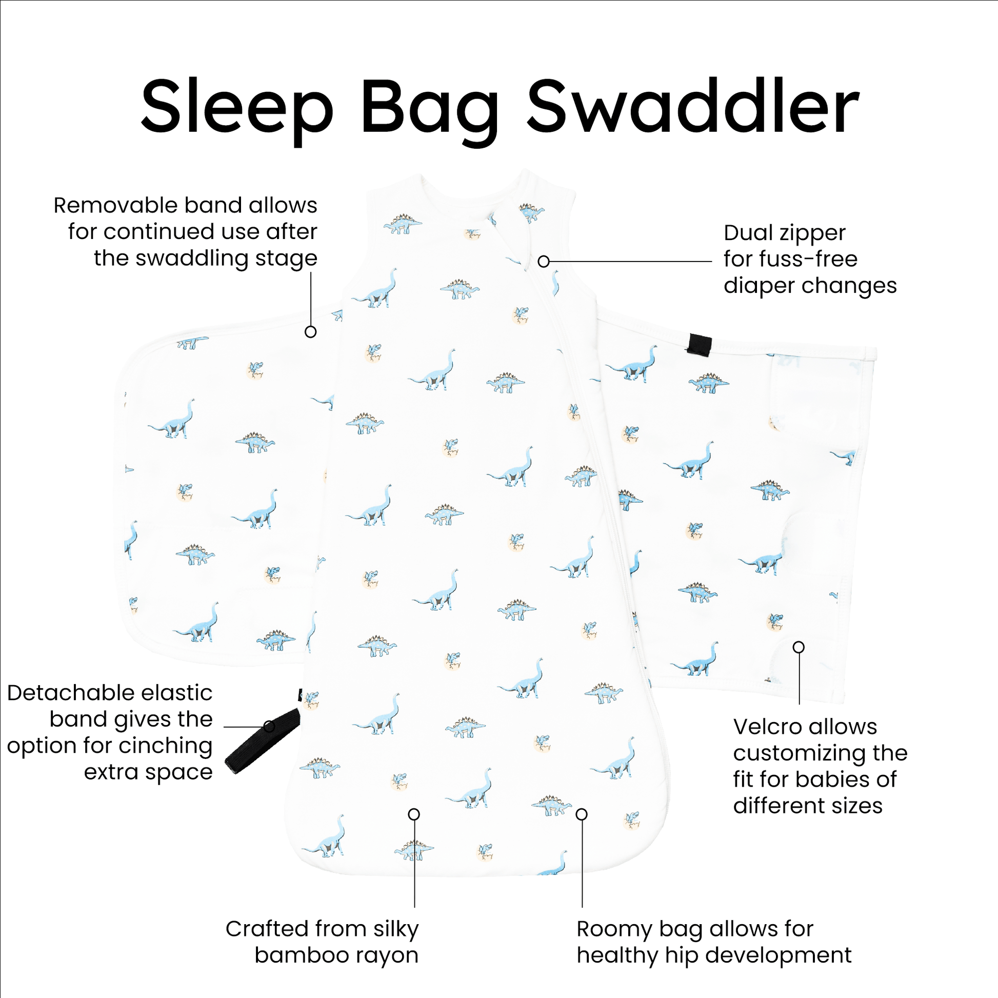 Kyte Baby Sleep Bag Swaddler in Jurassic dino print with benefits listed